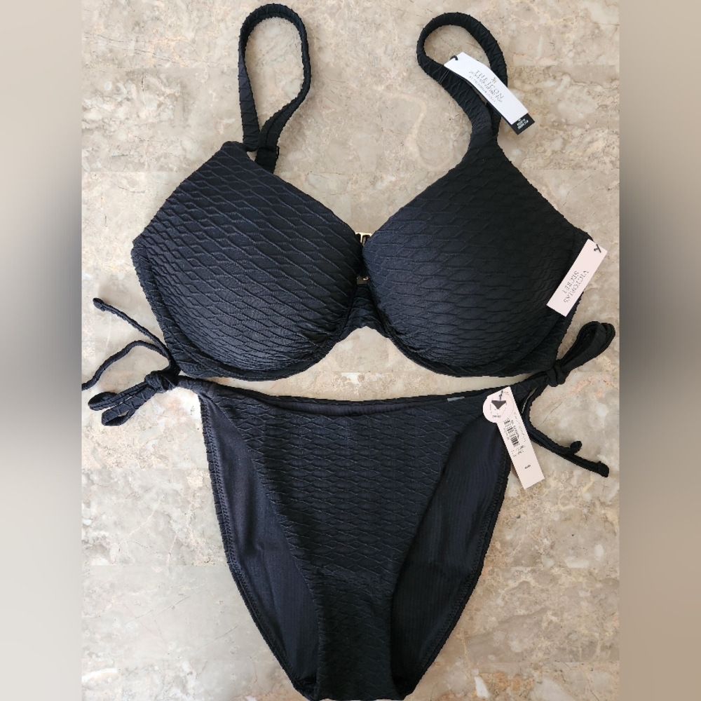 38C/M VS Swim Icon Push Up Bikini Top Side Tie Cheeky Bikini Set Black